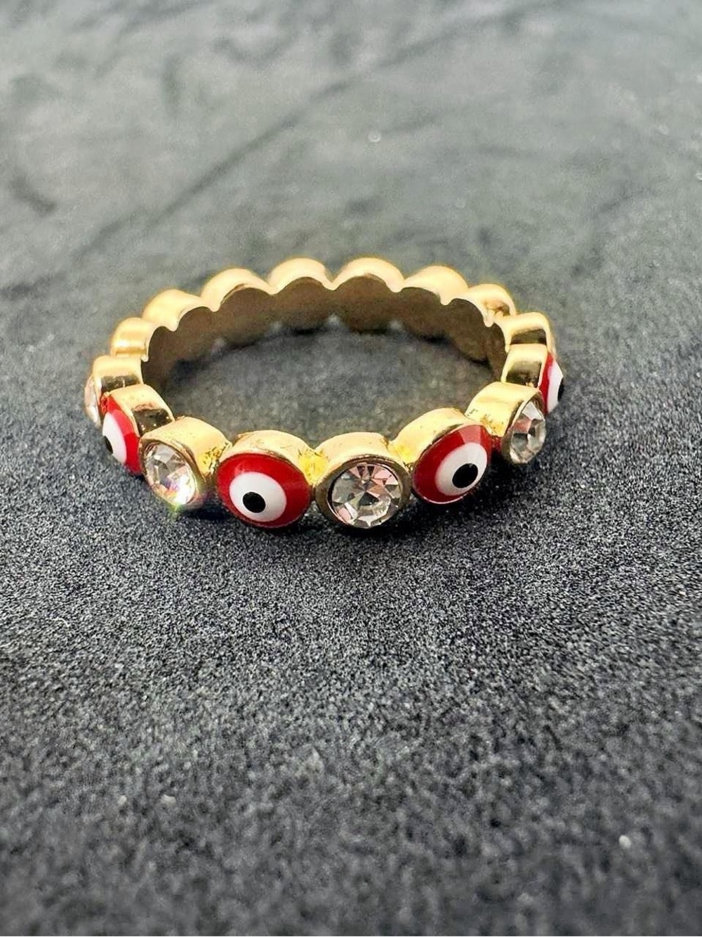 Gold Tone Red Evil Eye & Crystal Eternity Ring - Size 7½